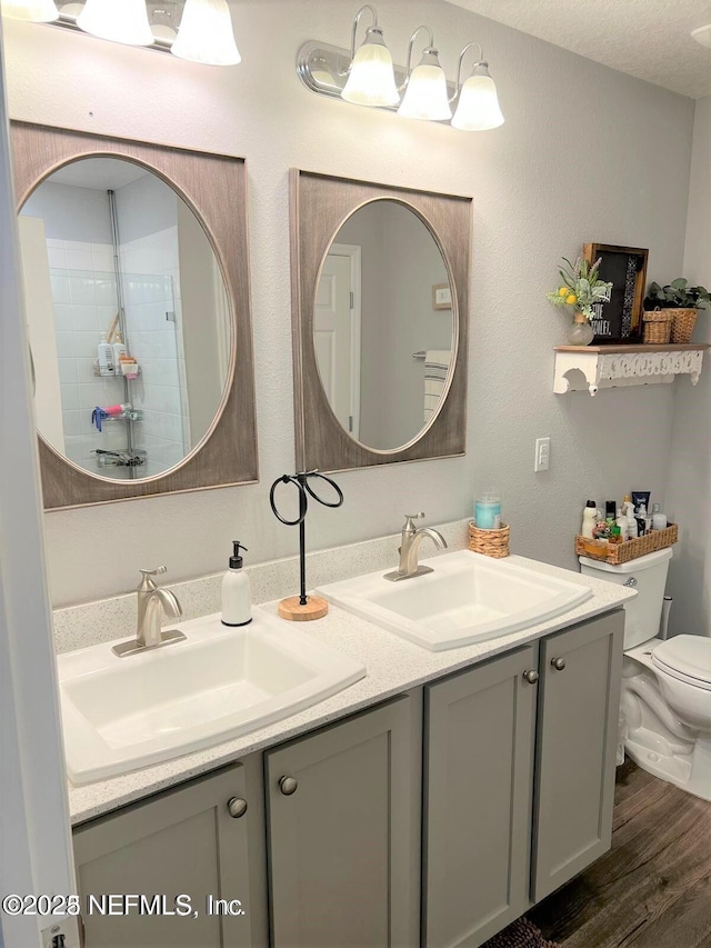 bathroom featuring hardwood / wood-style floors, vanity, toilet, and walk in shower