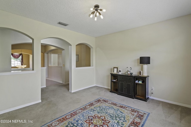 interior space featuring light colored carpet and a textured ceiling