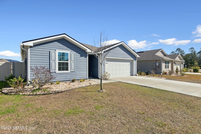 ranch-style home with a garage and a front lawn