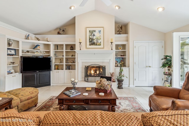 tiled living room featuring ceiling fan, built in features, and vaulted ceiling