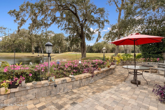 view of patio / terrace with a water view