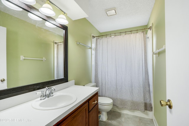 bathroom featuring vanity, a textured ceiling, a shower with curtain, tile patterned floors, and toilet