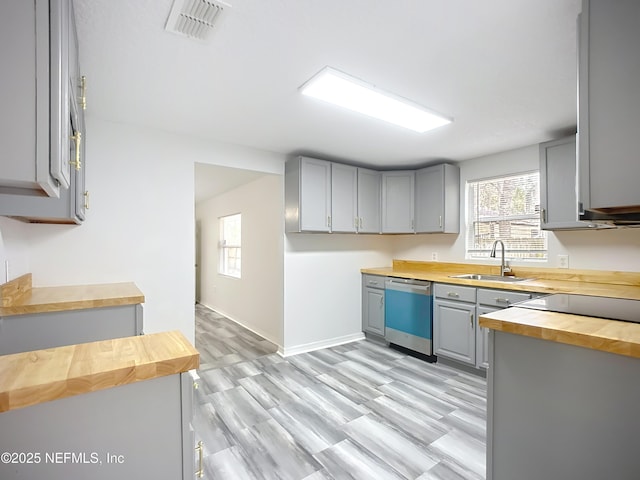 kitchen with sink, butcher block countertops, light wood-type flooring, stainless steel dishwasher, and gray cabinets