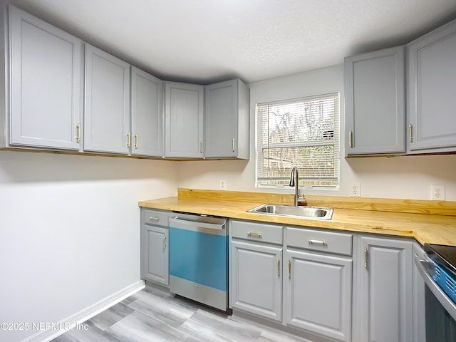 kitchen with butcher block counters, sink, a textured ceiling, stainless steel dishwasher, and gray cabinets