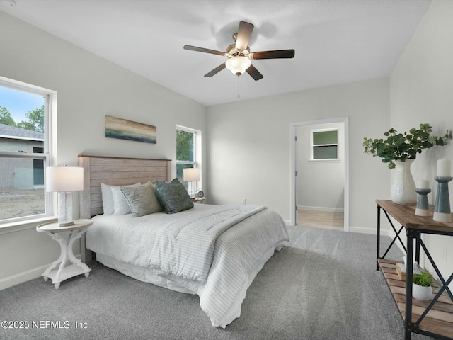 bedroom featuring ceiling fan, multiple windows, and carpet