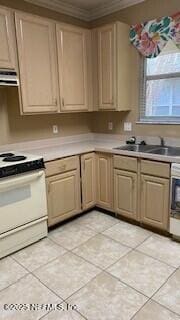 kitchen featuring white electric stove, sink, light tile patterned floors, crown molding, and range hood