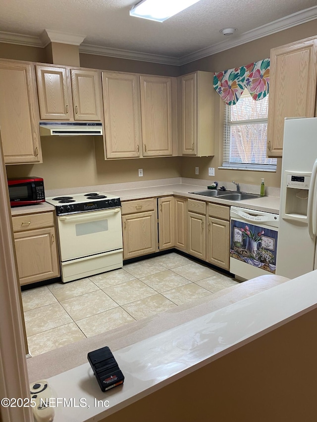 kitchen featuring sink, light tile patterned flooring, white appliances, and ornamental molding