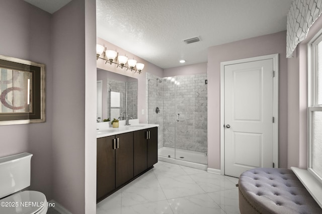 bathroom featuring a shower with door, vanity, a textured ceiling, and toilet