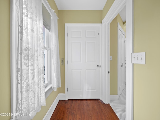 corridor with a wealth of natural light and dark hardwood / wood-style floors