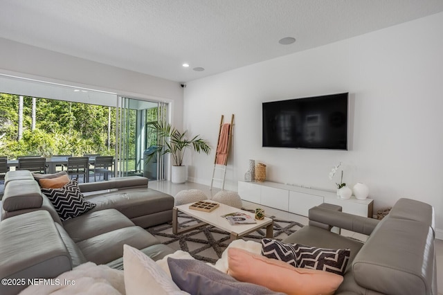 living room featuring a textured ceiling