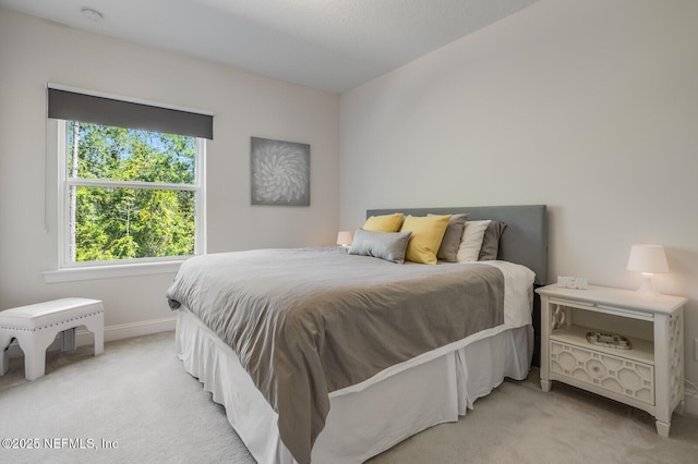 bedroom featuring light carpet