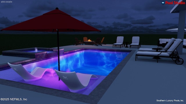 view of pool featuring an in ground hot tub and a patio area