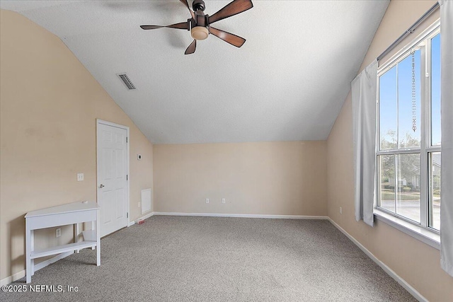 additional living space featuring carpet floors, baseboards, visible vents, and vaulted ceiling