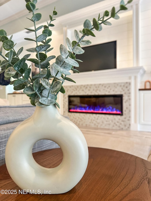 room details with a tile fireplace