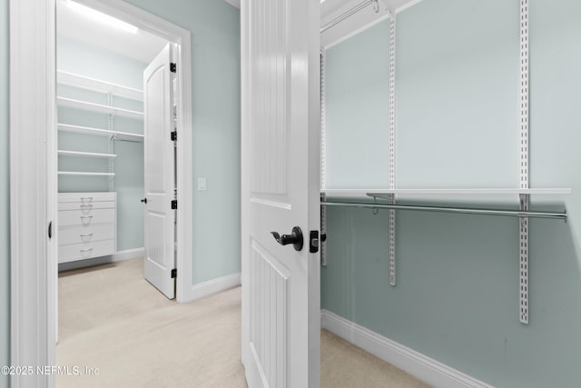 walk in closet featuring light colored carpet