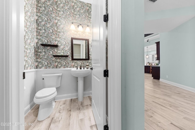 bathroom with hardwood / wood-style flooring, toilet, and sink