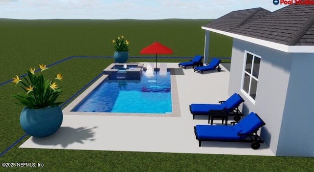 view of swimming pool featuring a jacuzzi and a patio area