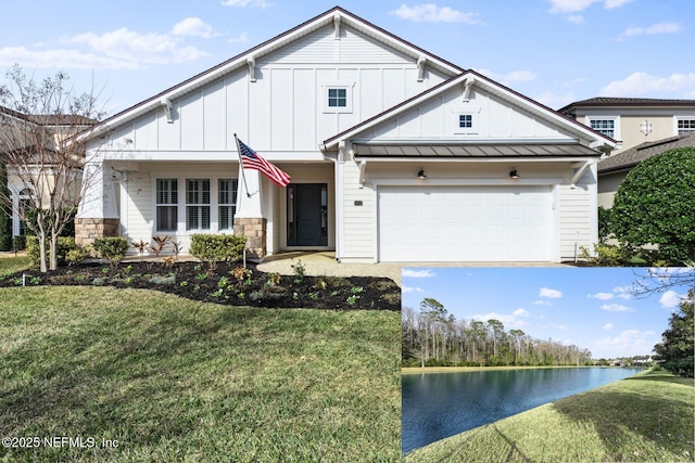 view of front facade featuring a water view and a front yard