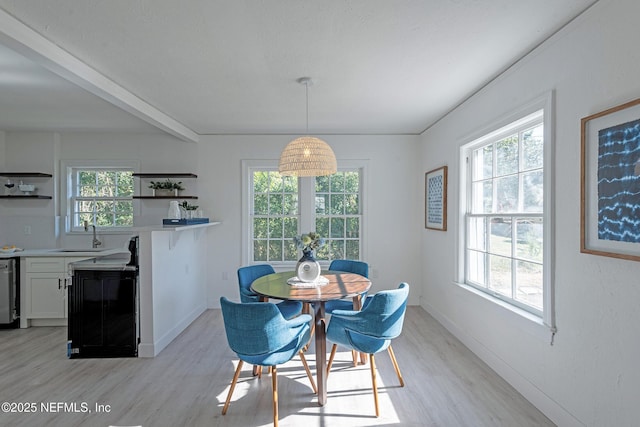 dining area featuring sink and light wood-type flooring