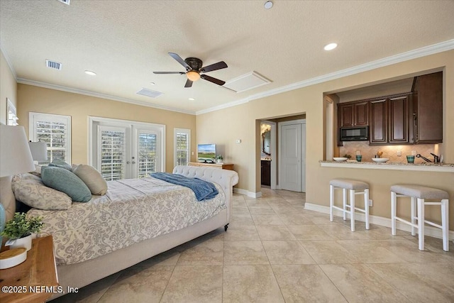 bedroom with crown molding, access to exterior, a textured ceiling, light tile patterned flooring, and french doors