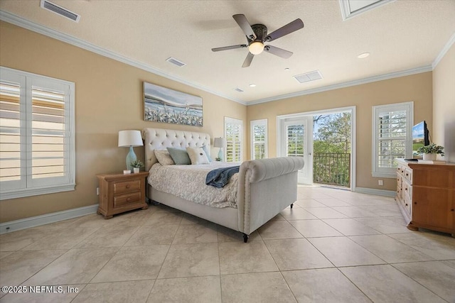 bedroom featuring ornamental molding, light tile patterned floors, access to exterior, and a textured ceiling