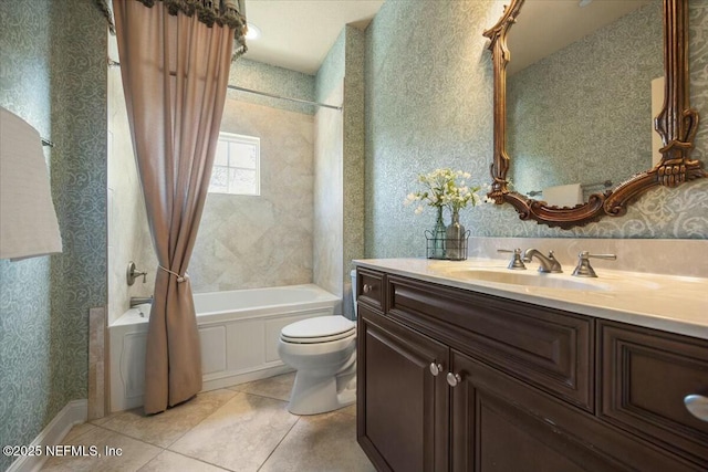 full bathroom with shower / tub combo with curtain, vanity, tile patterned floors, and toilet