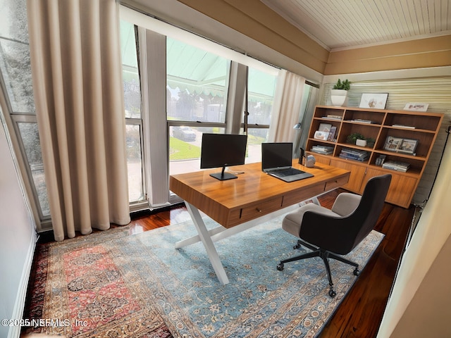 office area with dark hardwood / wood-style flooring and a wealth of natural light