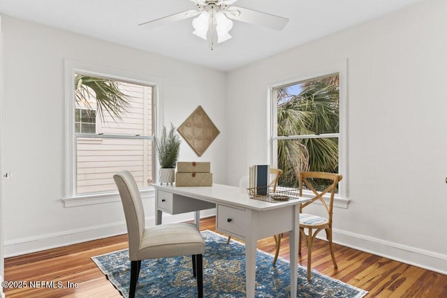 office with a healthy amount of sunlight, baseboards, and wood finished floors