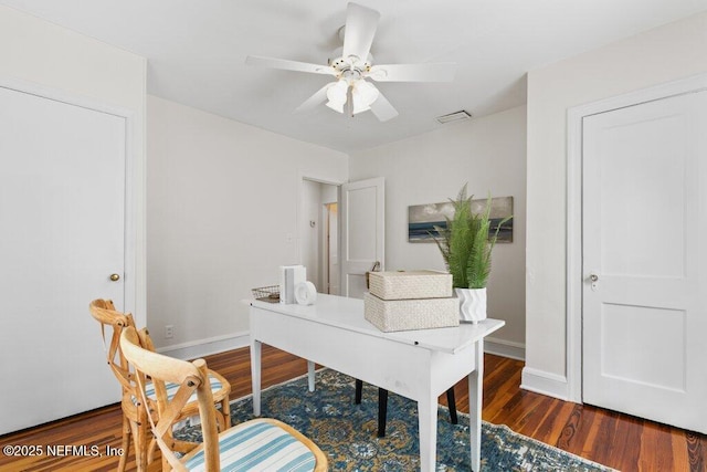 office with ceiling fan, wood finished floors, visible vents, and baseboards