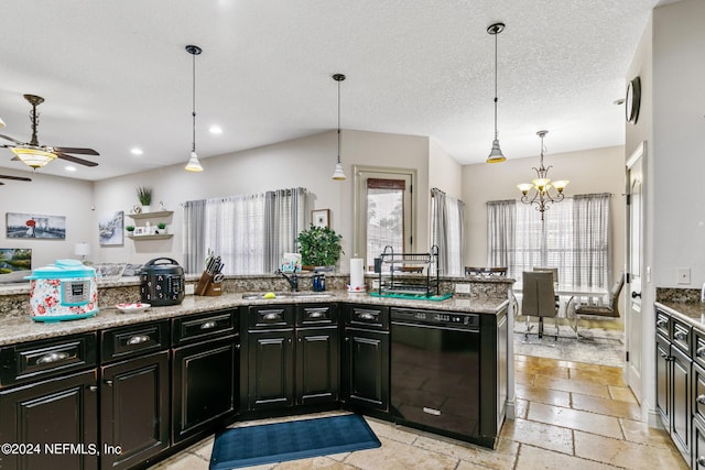 kitchen featuring hanging light fixtures, ceiling fan with notable chandelier, a textured ceiling, black dishwasher, and sink