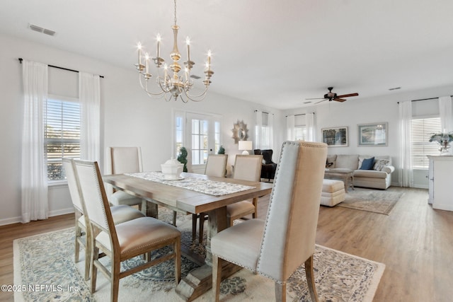 dining room featuring ceiling fan and light hardwood / wood-style flooring