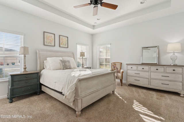 carpeted bedroom featuring ceiling fan, multiple windows, and a raised ceiling