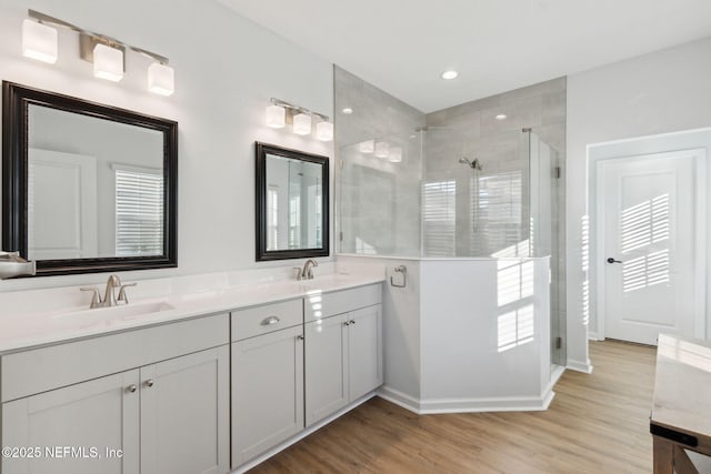 bathroom featuring vanity, wood-type flooring, and an enclosed shower