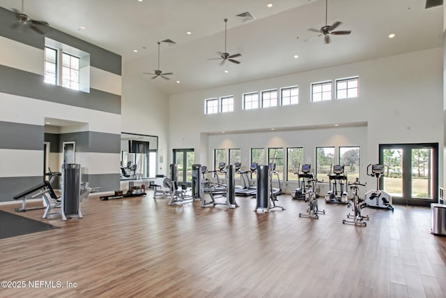 gym featuring plenty of natural light, a towering ceiling, and light wood-type flooring