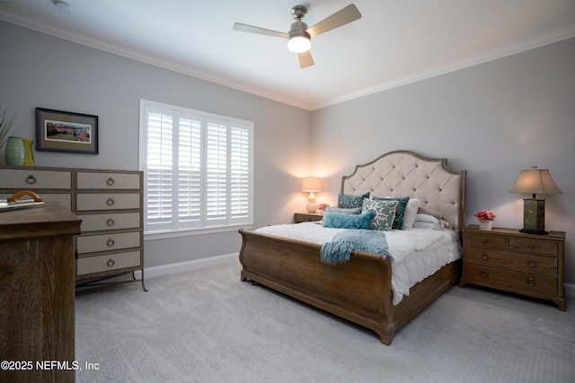 bedroom with light carpet, ornamental molding, and ceiling fan