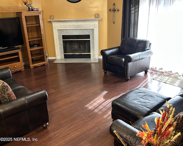 living room featuring dark hardwood / wood-style flooring and a premium fireplace