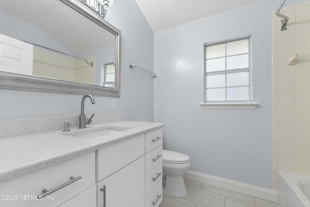 full bathroom with toilet, tiled shower / bath combo, lofted ceiling, a textured ceiling, and vanity