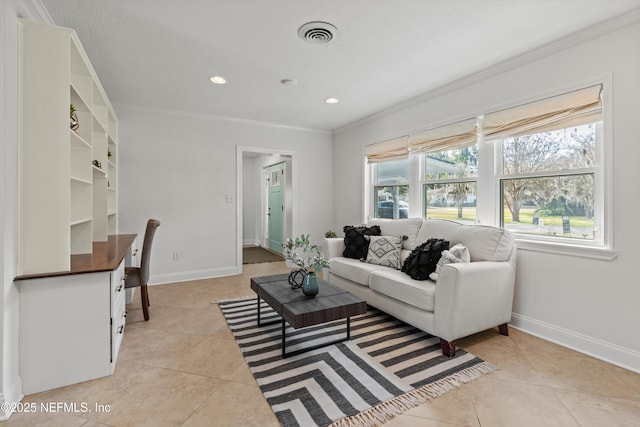 tiled living room with crown molding