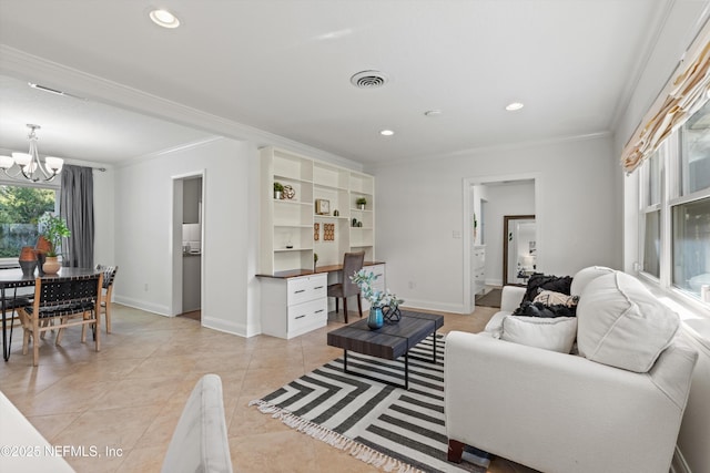 living room with ornamental molding, built in desk, a notable chandelier, and light tile patterned flooring