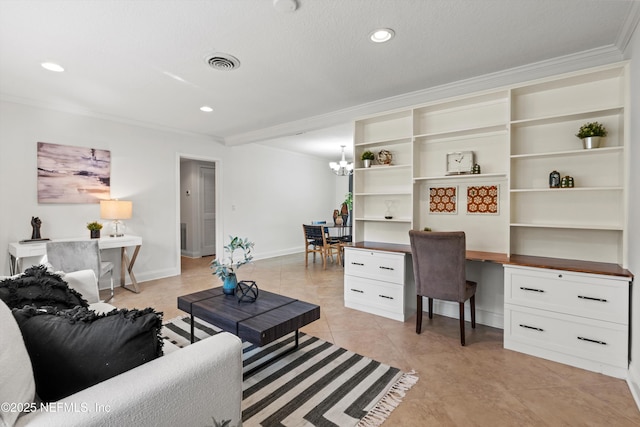 living room featuring ornamental molding, built in desk, light tile patterned floors, and a chandelier