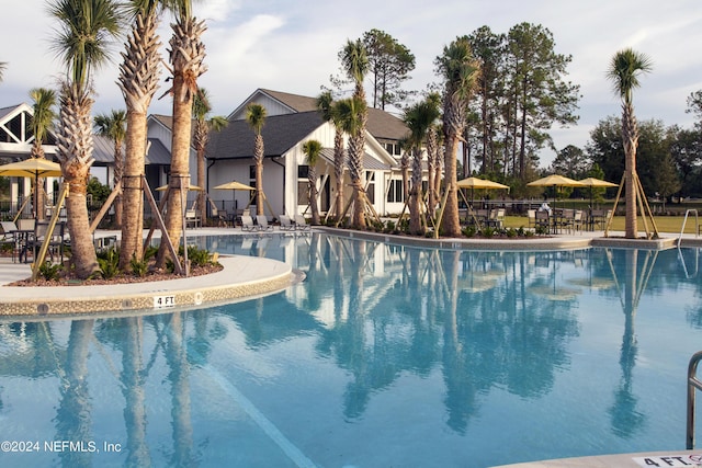 pool with a patio