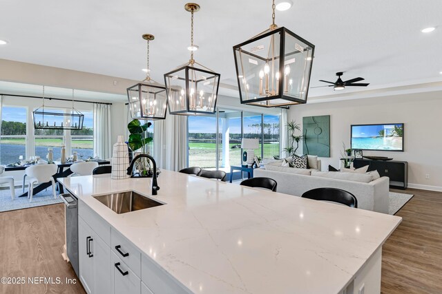 kitchen featuring open floor plan, wood finished floors, a sink, and a kitchen island with sink