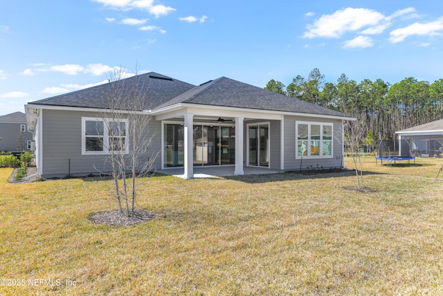 rear view of property with a lawn, a ceiling fan, a patio, roof with shingles, and a trampoline