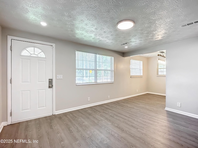 entrance foyer with a textured ceiling, plenty of natural light, and wood-type flooring