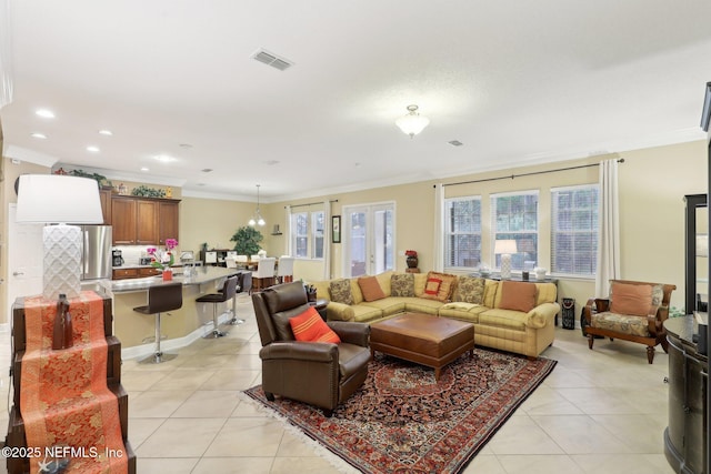 tiled living room with crown molding