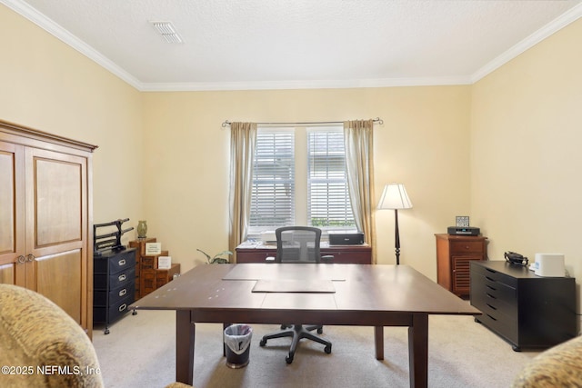 home office with crown molding, light carpet, and a textured ceiling