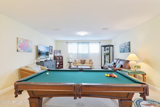 recreation room with light colored carpet and pool table