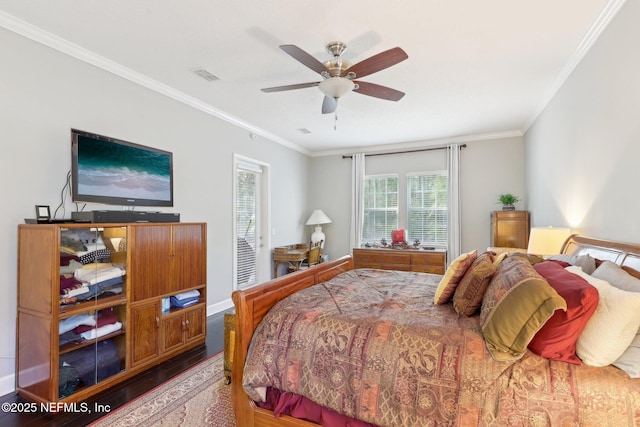 bedroom featuring crown molding, ceiling fan, wood-type flooring, and access to outside