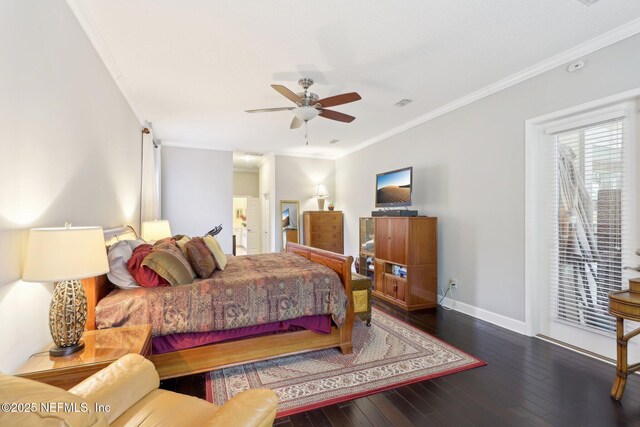 bedroom featuring crown molding, access to outside, ceiling fan, and dark hardwood / wood-style flooring