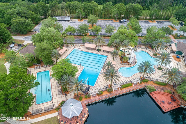 drone / aerial view with a water view